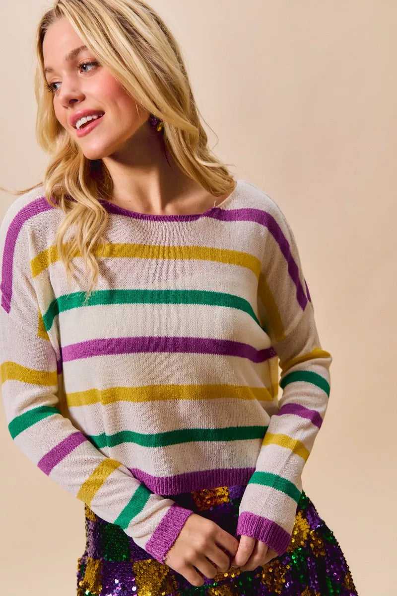 SO ME Mardi Gras Color Stripe Lightweight Sweater Top f2dae6745e534b33a6acc212b72d688e-Max-Origin