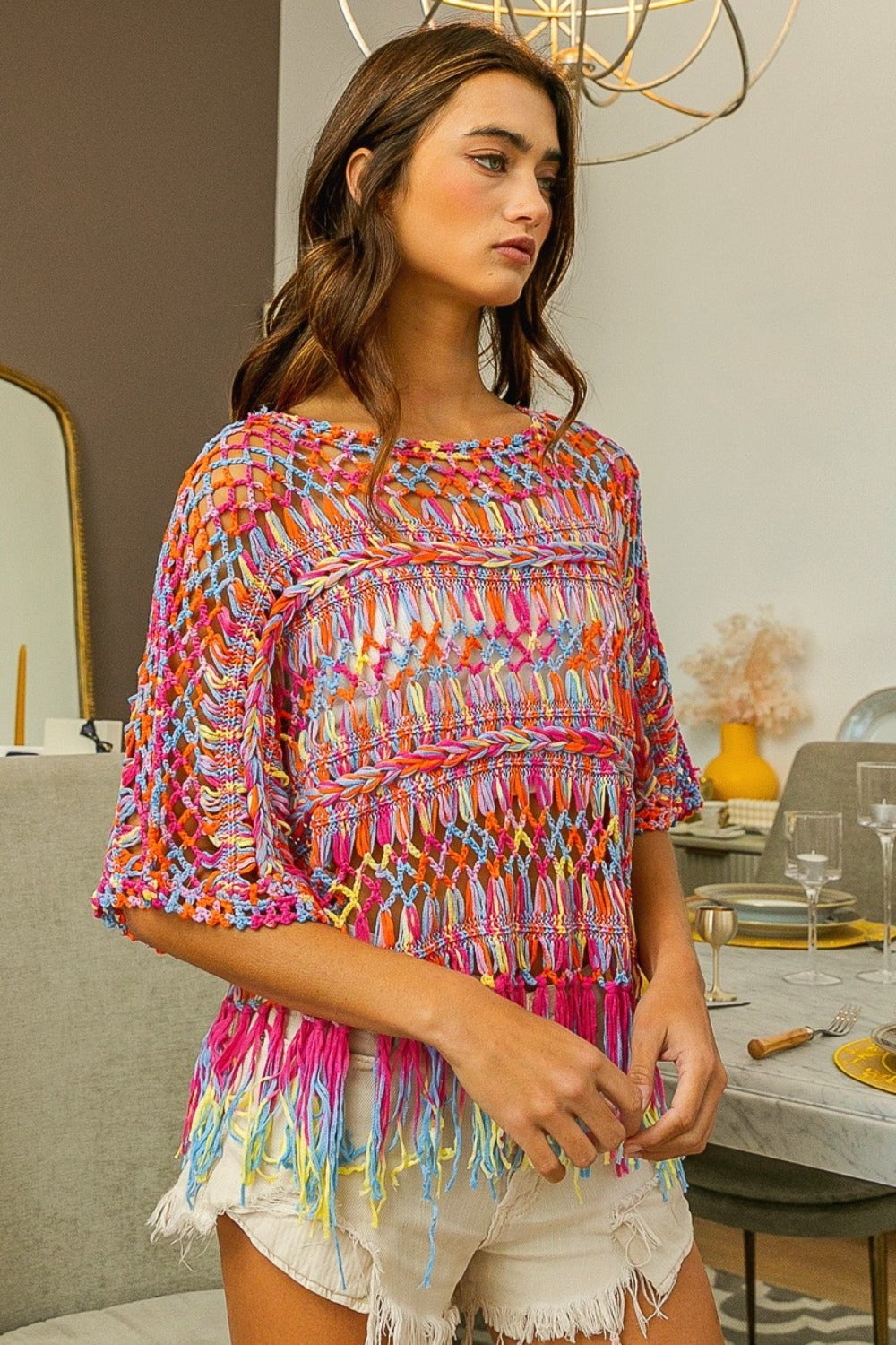 BiBi Openwork Fringed Knit Cover Up BiBi Openwork Fringed Knit Cover Up - TopFashionHQ