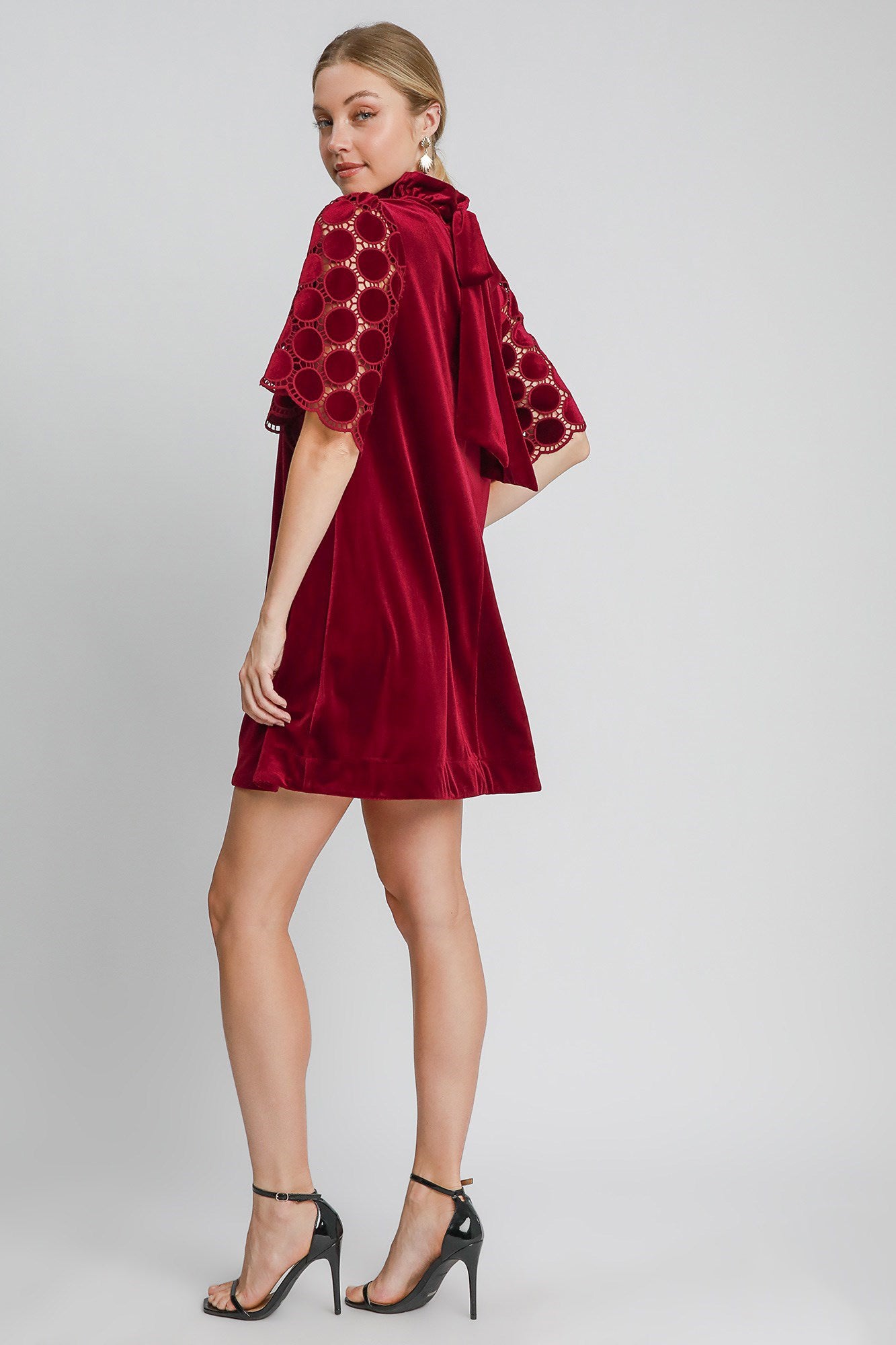 Umgee Dotted Lace Half Sleeve Mock Neck Back Tie Velvet Dress Umgee Dotted Lace Half Sleeve Mock Neck Back Tie Velvet Dress - TopFashionHQ