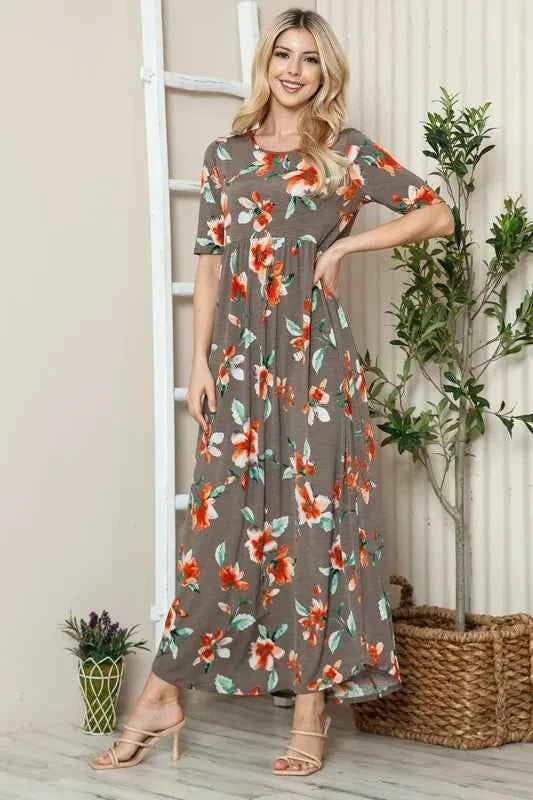 BOMBOM Floral Round Neck Short Sleeve Maxi Tee Dress BOMBOM Floral Round Neck Short Sleeve Maxi Tee Dress