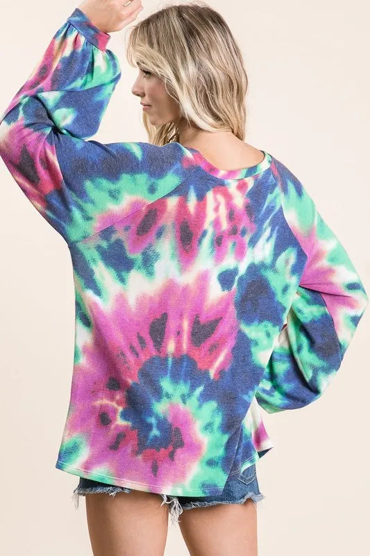 BiBi Tie Dye Print Terry Top with Puff Sleeves f35436f94df0480f9c587fc7636d2f19-Max-Origin