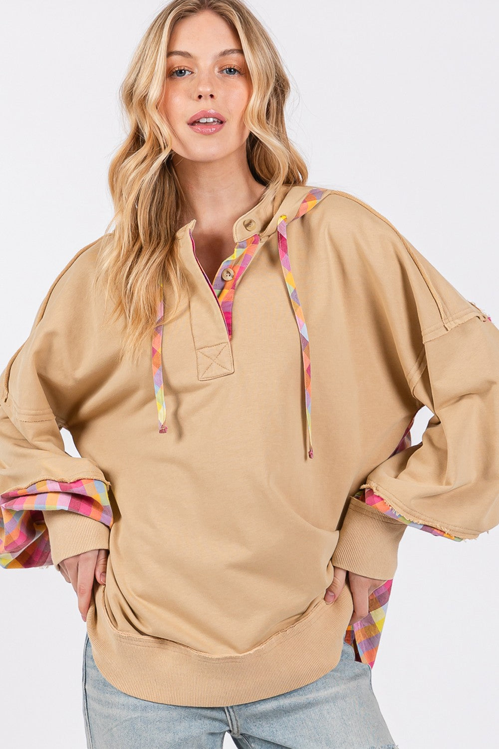 SAGE + FIG Full Size Plaid Print Washed Hoodie SAGE + FIG Full Size Plaid Print Washed Hoodie