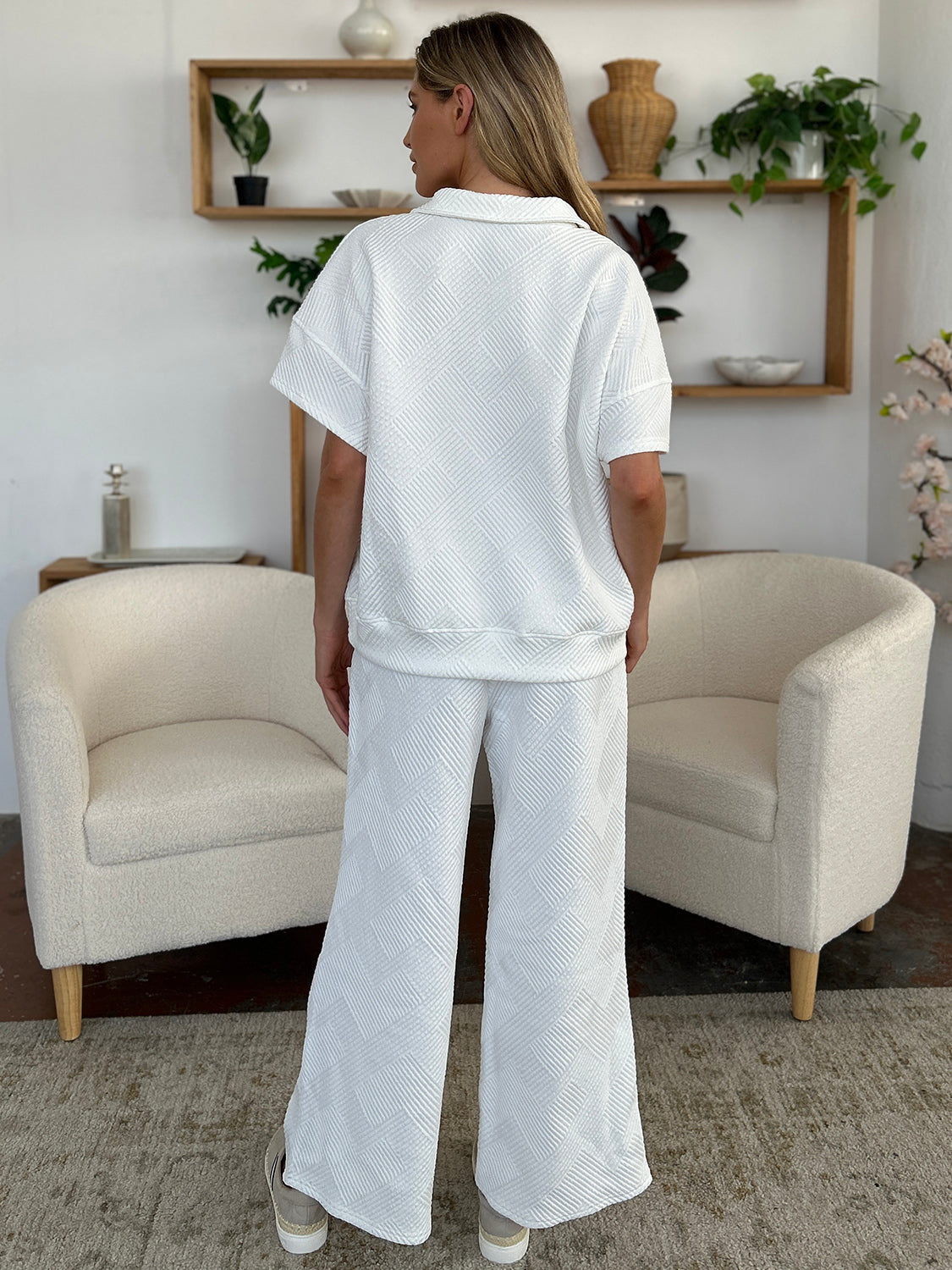 Double Take Full Size Texture Half Zip Short Sleeve Top and Pants Set Double Take Full Size Texture Half Zip Short Sleeve Top and Pants Set