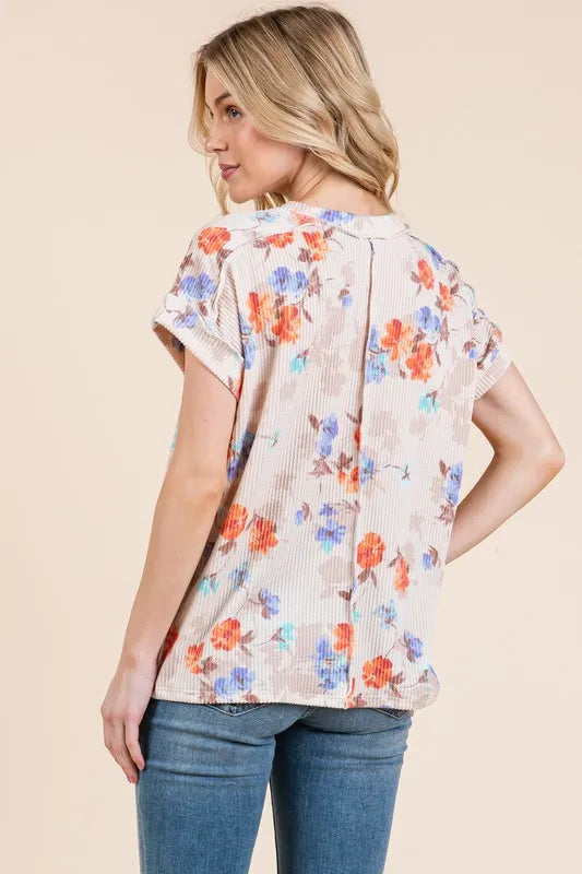 BOMBOM Floral Round Neck RIbbed T-Shirt f39c445934324f92ada159659bae9b85-Max-Origin