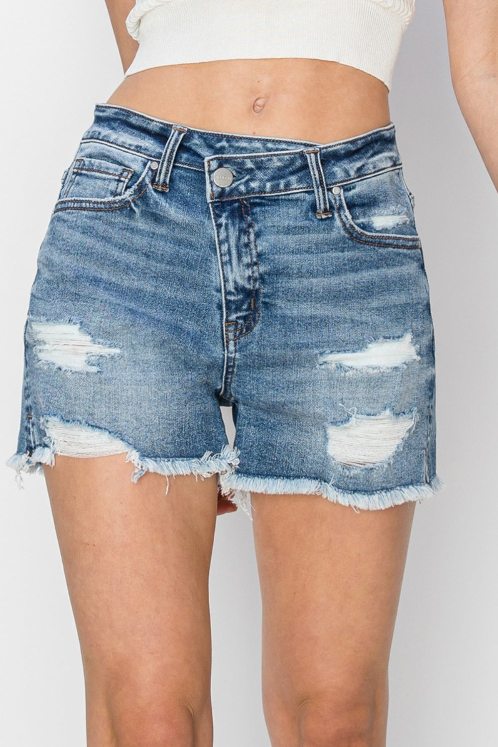 RISEN Stepped Waist Frayed Denim Shorts RISEN Stepped Waist Frayed Denim Shorts - TopFashionHQ