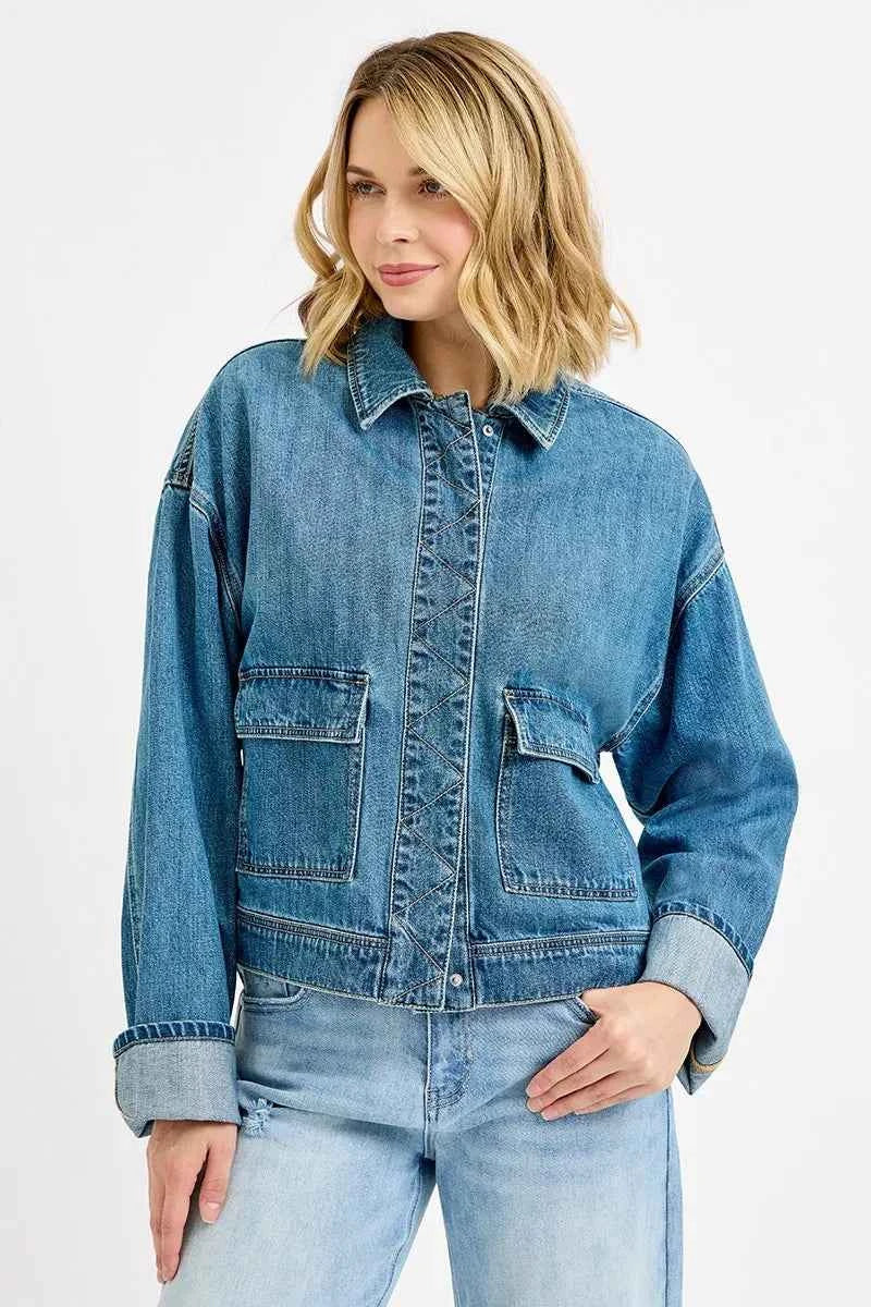 RISEN Oversized Cargo Pocket Denim Jacket with Cuffed Sleeves RISEN Oversized Cargo Pocket Denim Jacket with Cuffed Sleeves