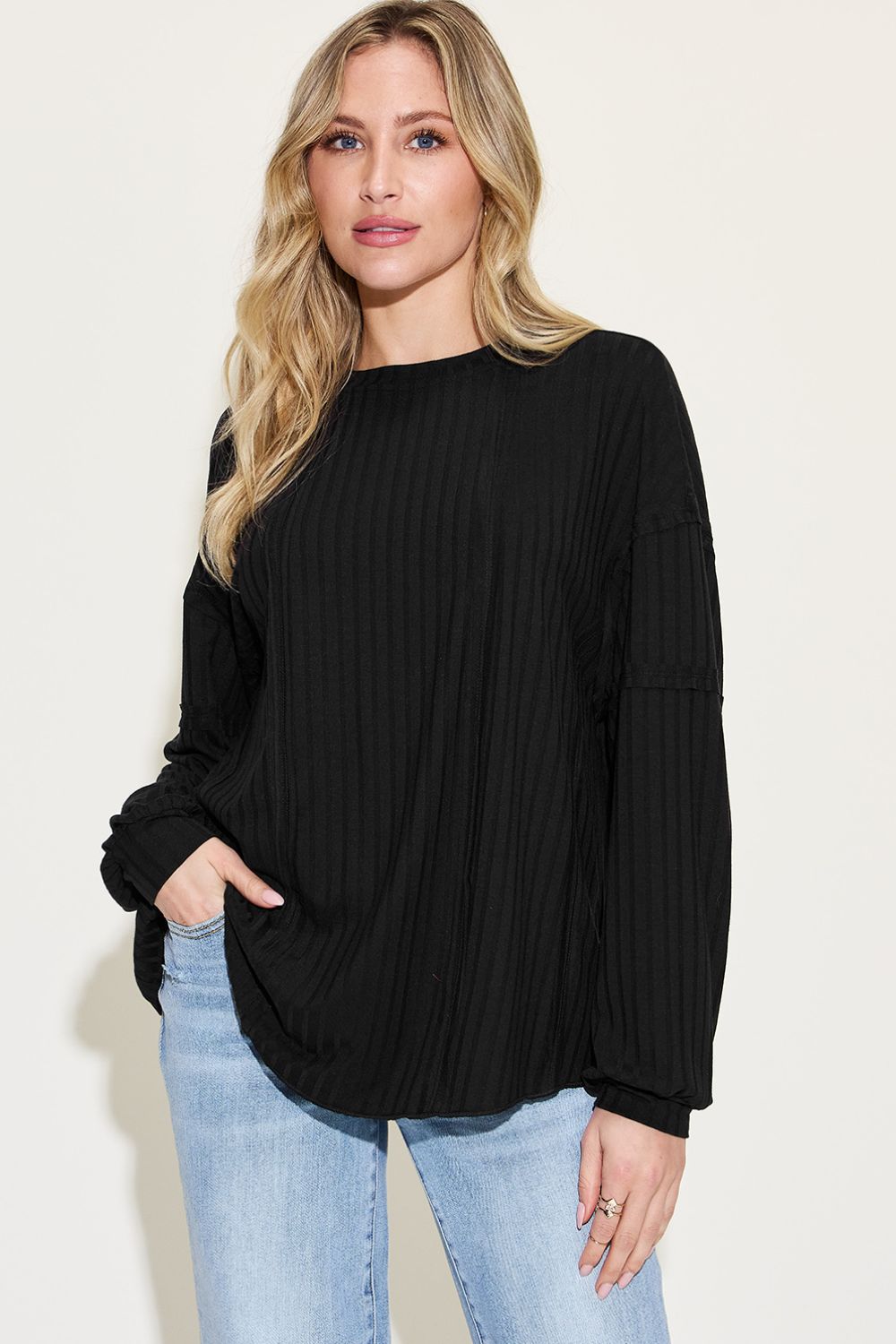 Basic Bae Full Size Ribbed Round Neck Long Sleeve T-Shirt Basic Bae Full Size Ribbed Round Neck Long Sleeve T-Shirt - TopFashionHQ
