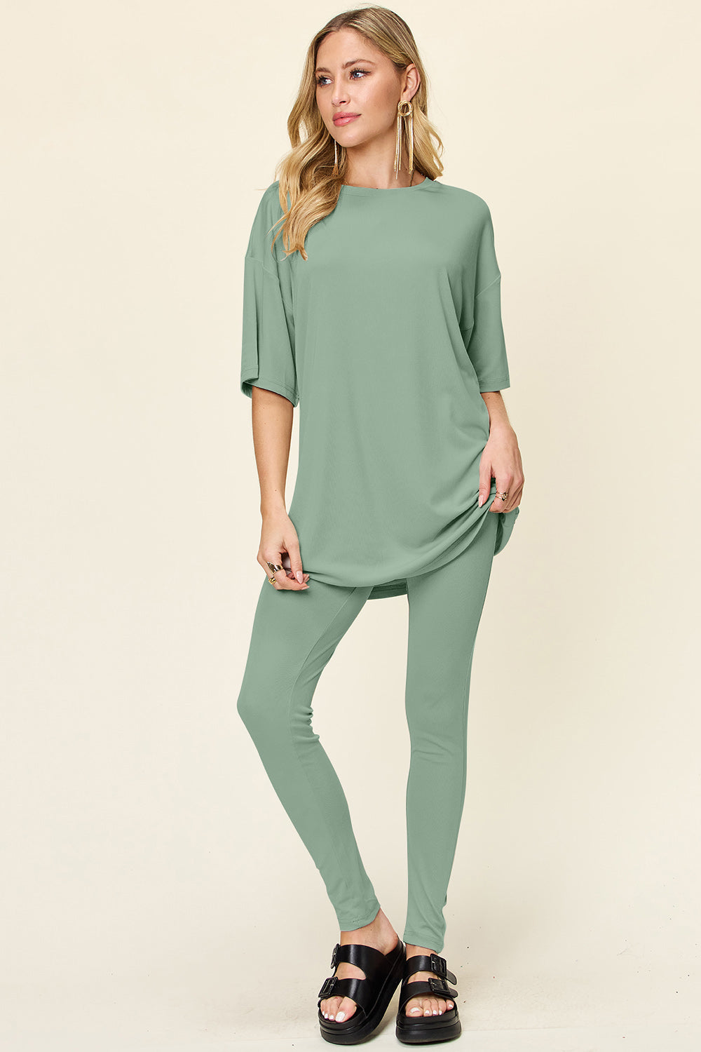 Double Take Full Size Round Neck Dropped Shoulder T-Shirt and Leggings Set Double Take Full Size Round Neck Dropped Shoulder T-Shirt and Leggings Set