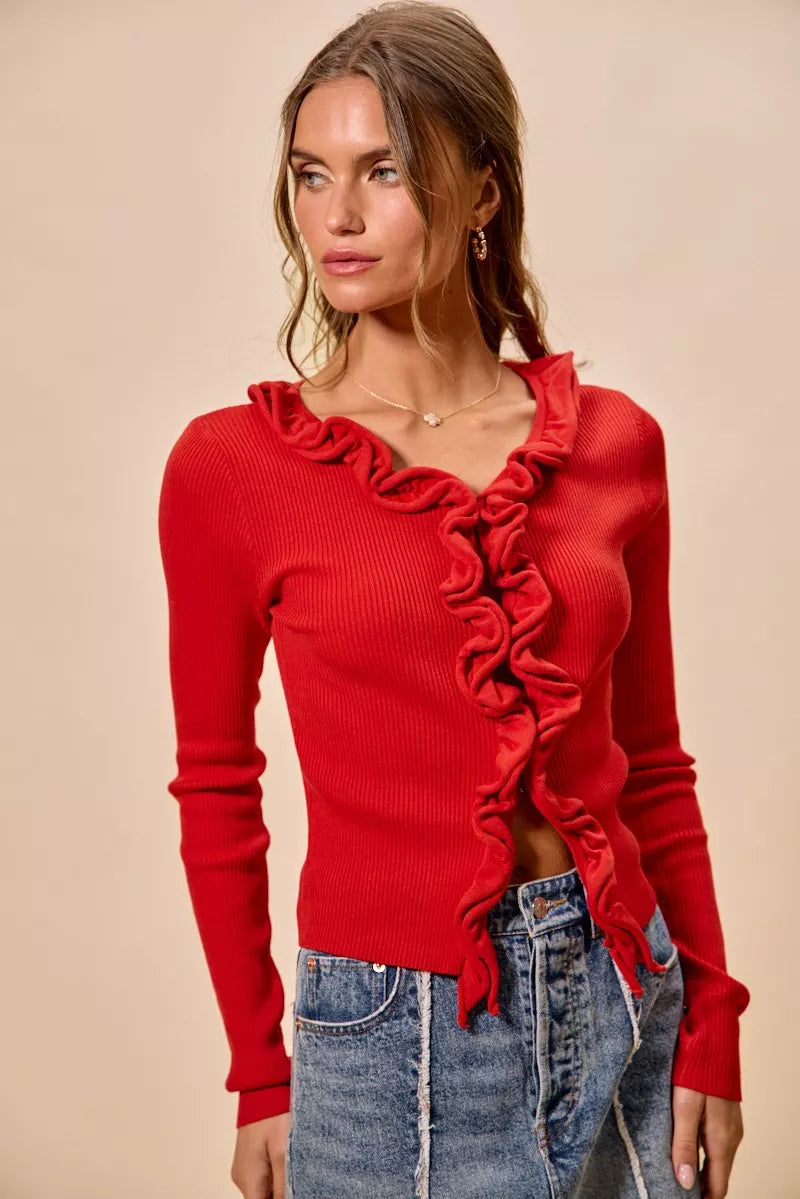 SO ME Cascade Ruffle Ribbed Sweater Cardgian f45d81a368e943b187717daa1f709b3d-Max-Origin
