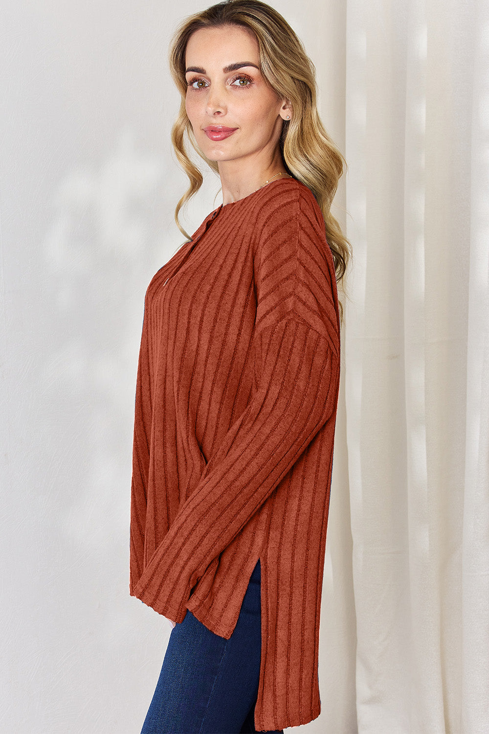 Basic Bae Full Size Ribbed Half Button Long Sleeve High-Low T-Shirt Basic Bae Full Size Ribbed Half Button Long Sleeve High-Low T-Shirt - TopFashionHQ