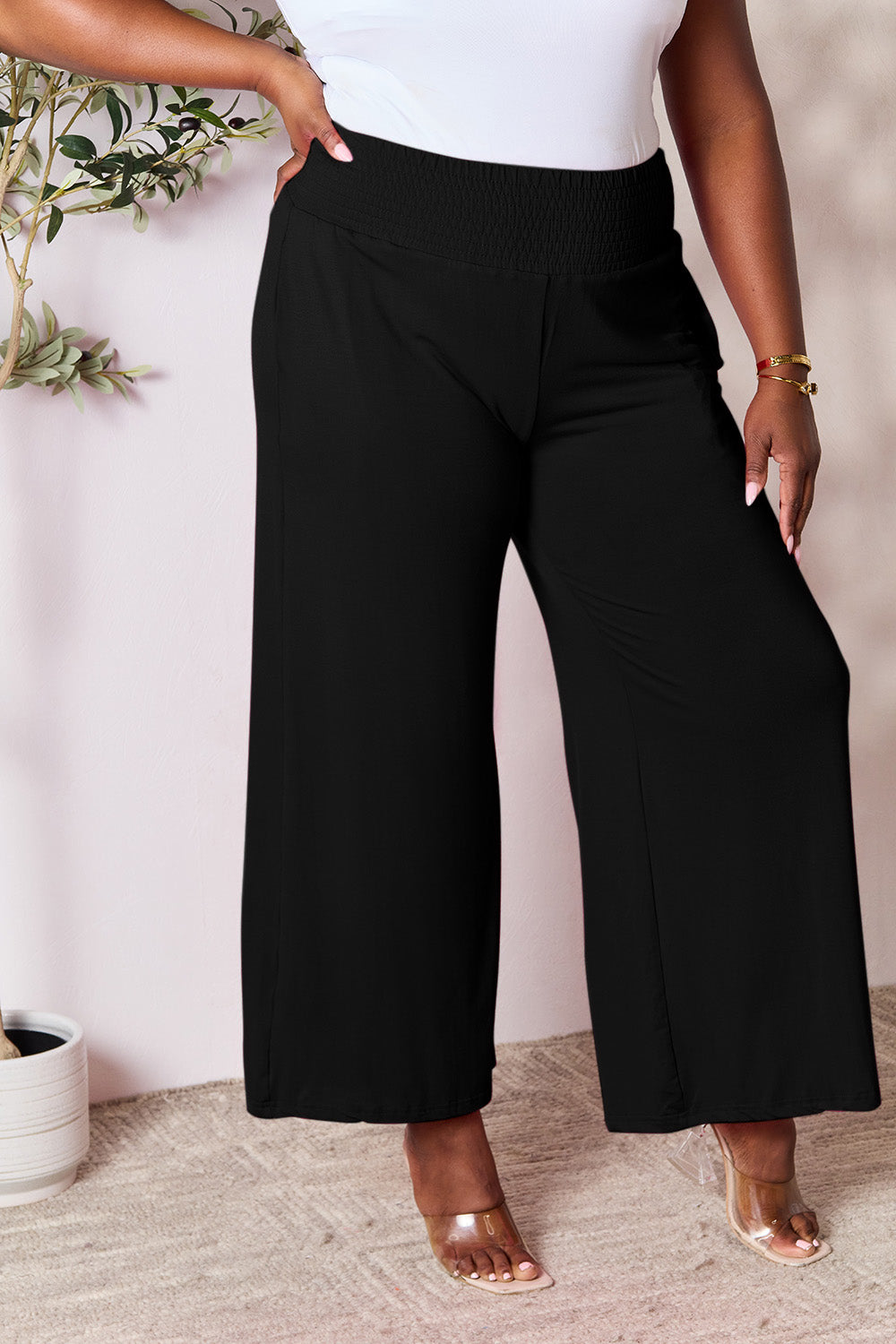 Double Take Full Size Smocked Wide Waistband Wide Leg Pants Double Take Full Size Smocked Wide Waistband Wide Leg Pants - TopFashionHQ