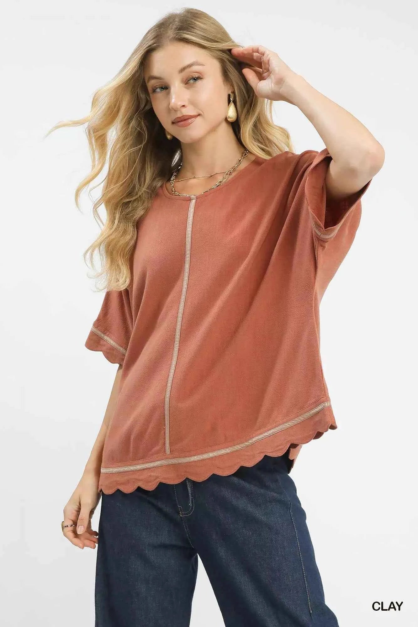 Umgee Linen Blend Scallop Trim Top Umgee Linen Blend Scallop Trim Top