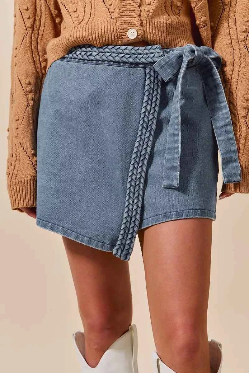 SO ME Wrap Braided Trimmed Denim Skort SO ME Wrap Braided Trimmed Denim Skort