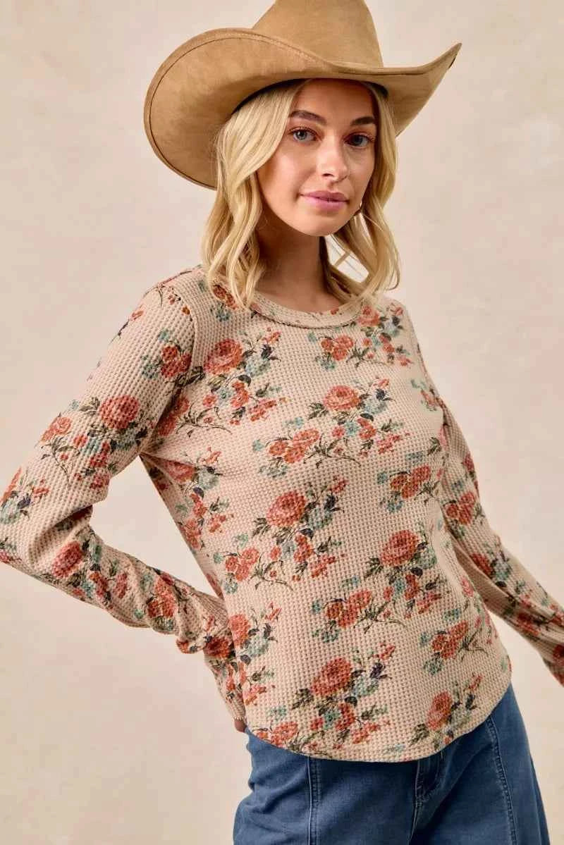 BiBi Floral Print Washed Waffle Thermal Top with Thumb BiBi Floral Print Washed Waffle Thermal Top with Thumb