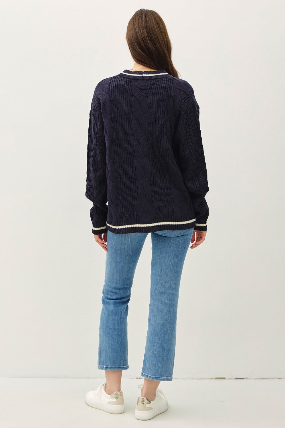 Be Cool Contrast Trim Cable-Knit V-Neck Cardigan Be Cool Contrast Trim Cable-Knit V-Neck Cardigan
