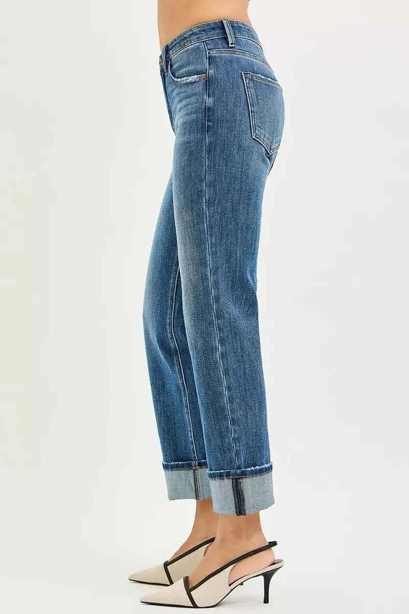 RISEN Full Size 4 Way Stretch Slouchy Straight Jeans with Cuffed Hem Plus Size RISEN Full Size 4 Way Stretch Slouchy Straight Jeans with Cuffed Hem Plus Size