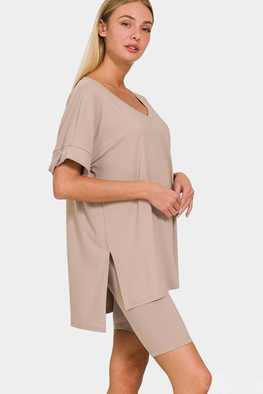 Zenana Full Size V-Neck Short Sleeve Slit T-Shirt and Shorts Set Zenana Full Size V-Neck Short Sleeve Slit T-Shirt and Shorts Set - TopFashionHQ