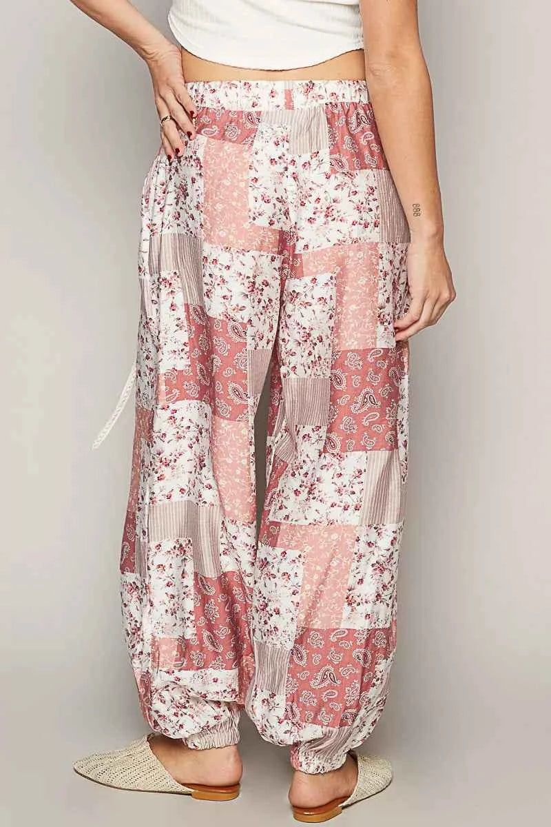 POL Drawstring Floral Patchwork Wide leg Pants POL Drawstring Floral Patchwork Wide leg Pants