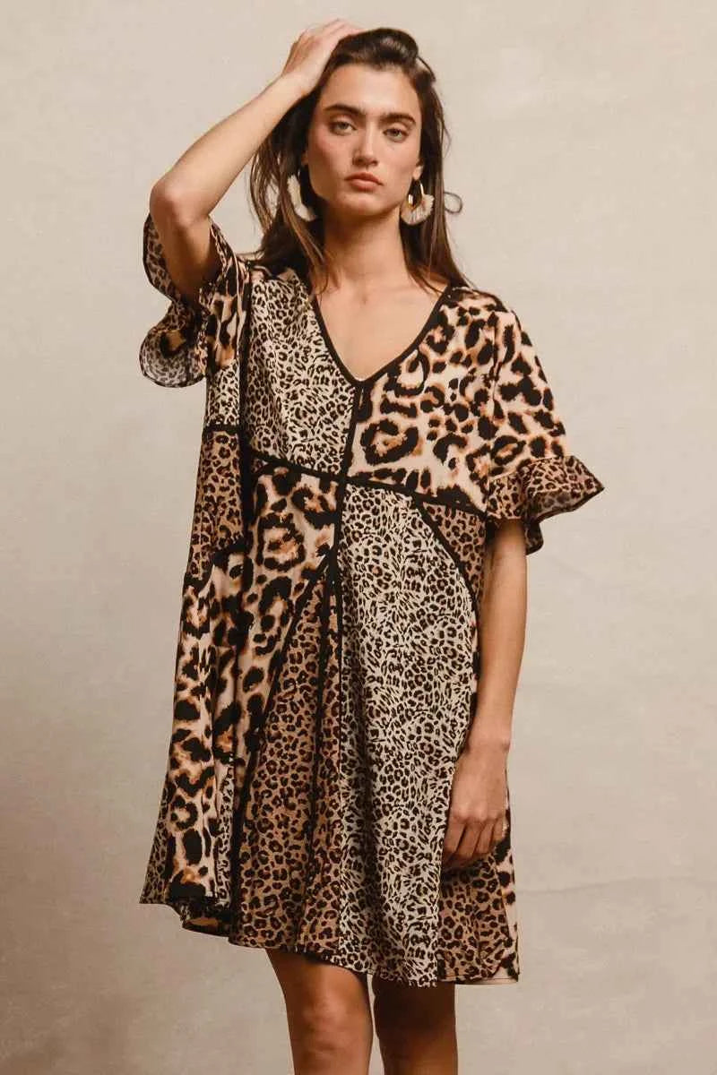 BiBi Leopard Prints Mix and Match Short Sleeves Dress BiBi Leopard Prints Mix and Match Short Sleeves Dress