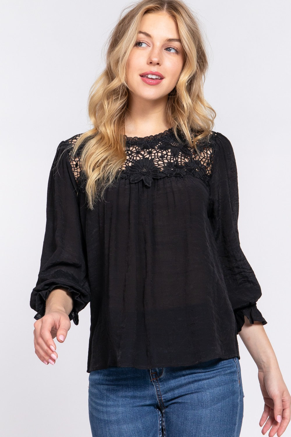 ACTIVE BASIC Crochet Lace Panel Flounce Sleeve Blouse ACTIVE BASIC Crochet Lace Panel Flounce Sleeve Blouse - TopFashionHQ