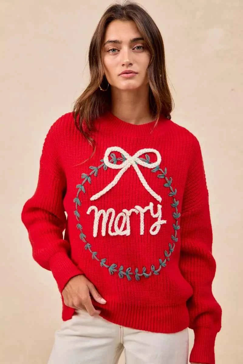 BiBi Christmas Wreath Merry Letter Knit Top BiBi Christmas Wreath Merry Letter Knit Top