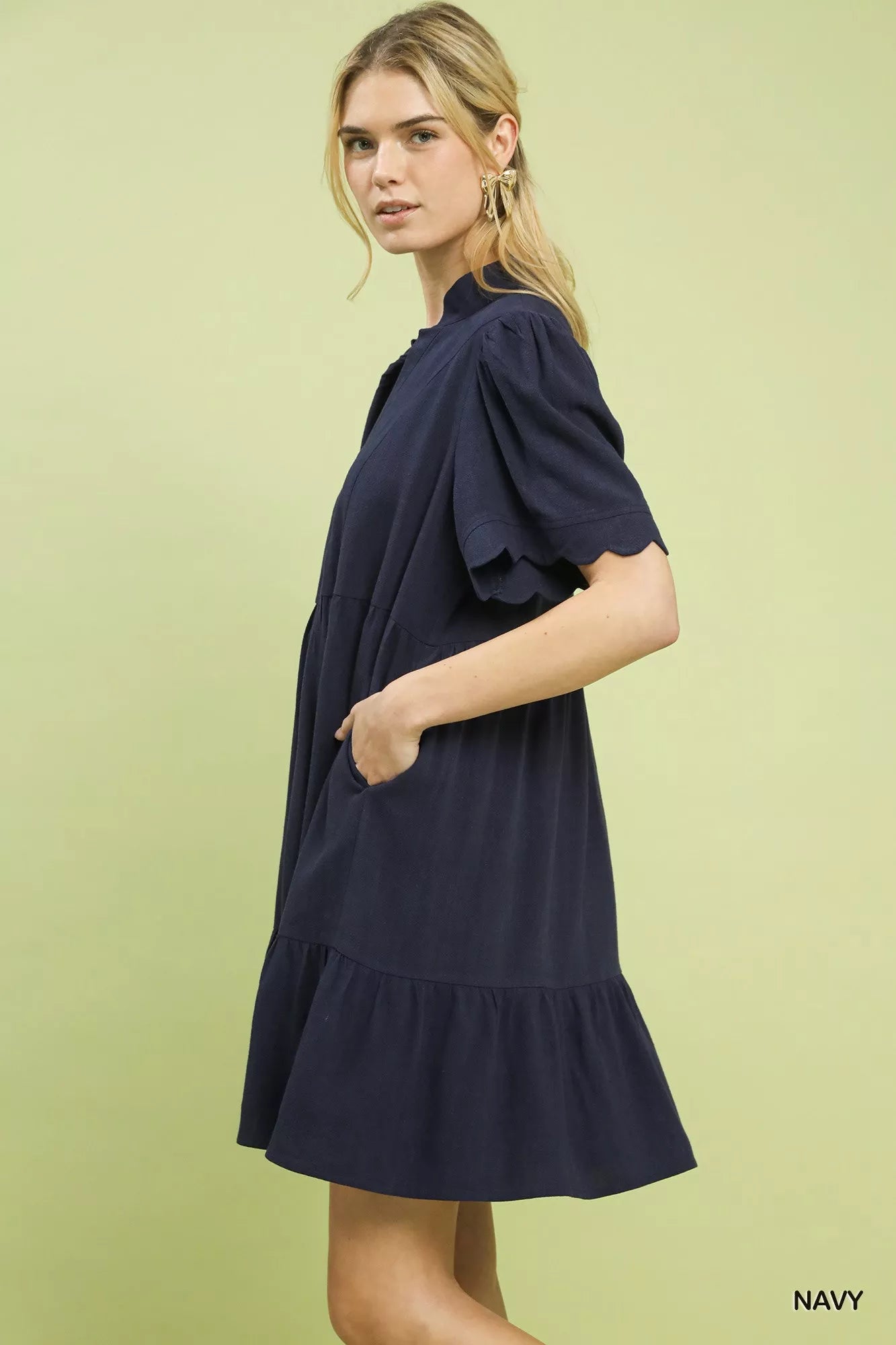 Umgee Linen Tiered Babydoll Dress with Scalloped Sleeves f5edb730-c25a-4fc5-8b2b-22ece411679b-Max-Origin