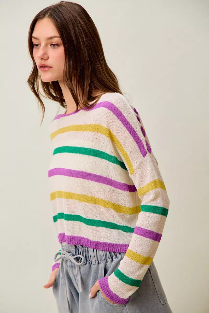 SO ME Mardi Gras Color Stripe Lightweight Sweater Top f605b0fd6a144dfd99cd2d29fe6722db-Max-Origin