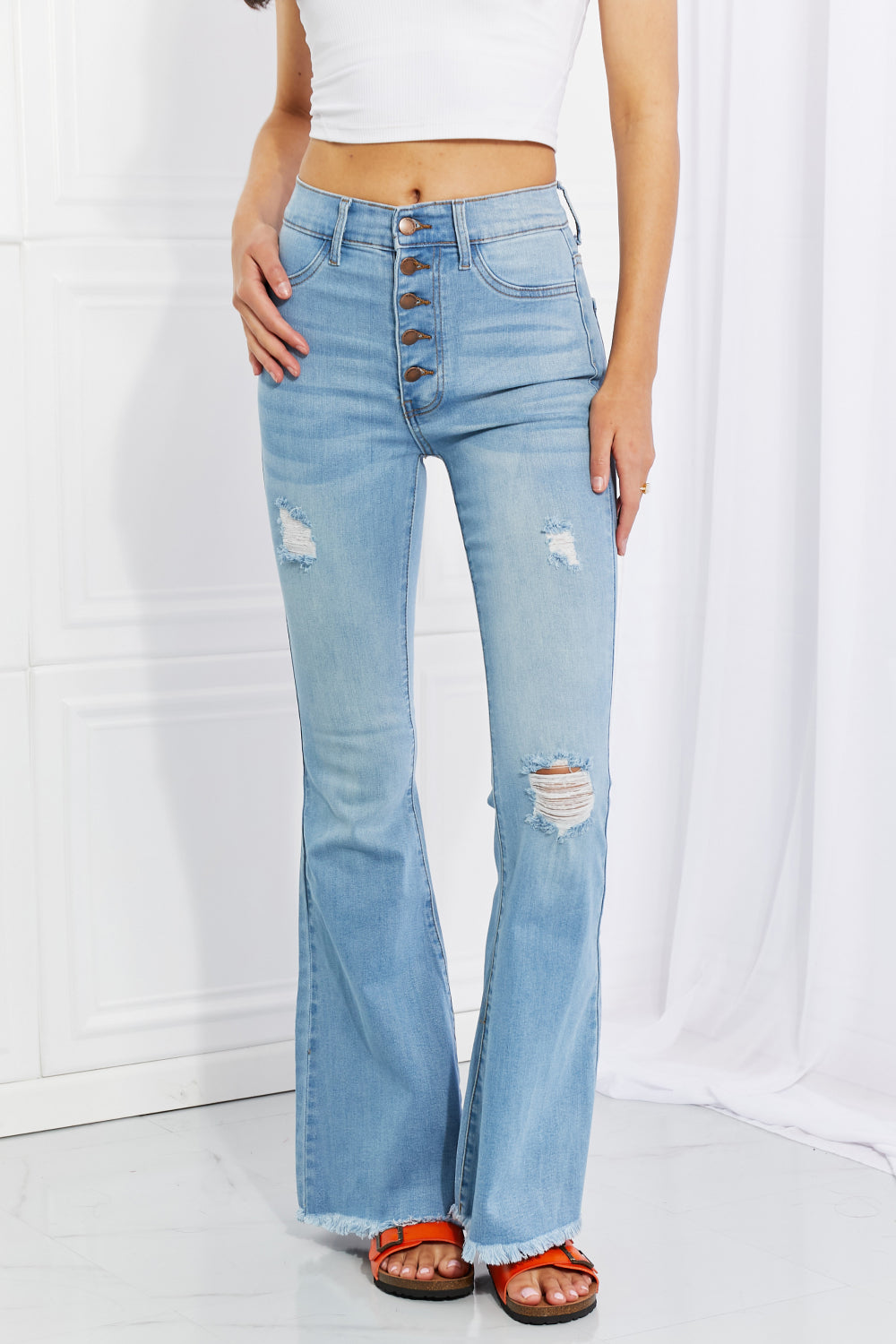 Vibrant MIU Full Size Jess Button Flare Jeans Vibrant MIU Full Size Jess Button Flare Jeans - TopFashionHQ