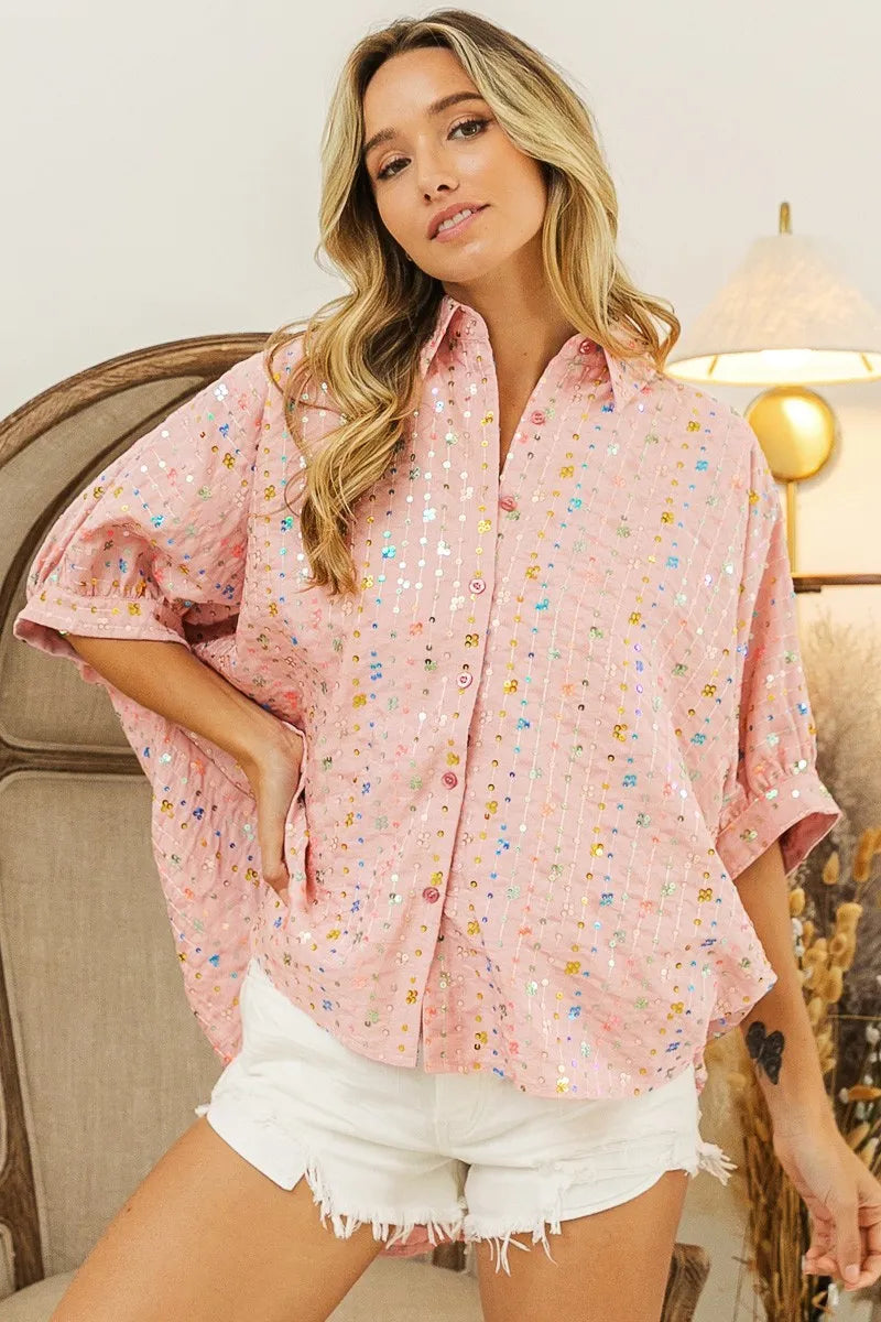 BiBi Sequin Striped Short Dolman Sleeve Blouse f61185fda48044fa82cdff6f55089ded-Max-Origin