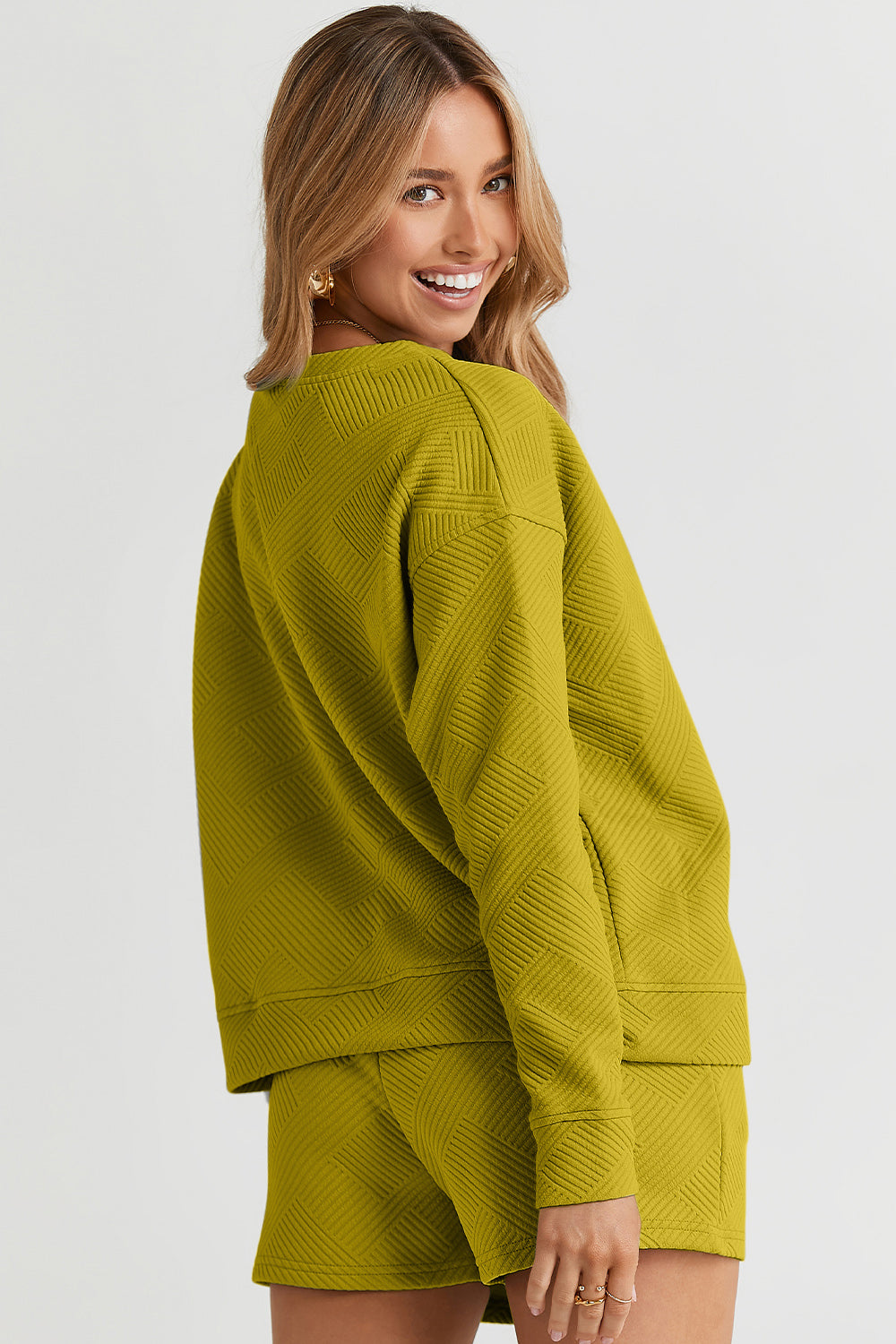 Double Take Full Size Texture Long Sleeve Top and Drawstring Shorts Set Double Take Full Size Texture Long Sleeve Top and Drawstring Shorts Set - TopFashionHQ
