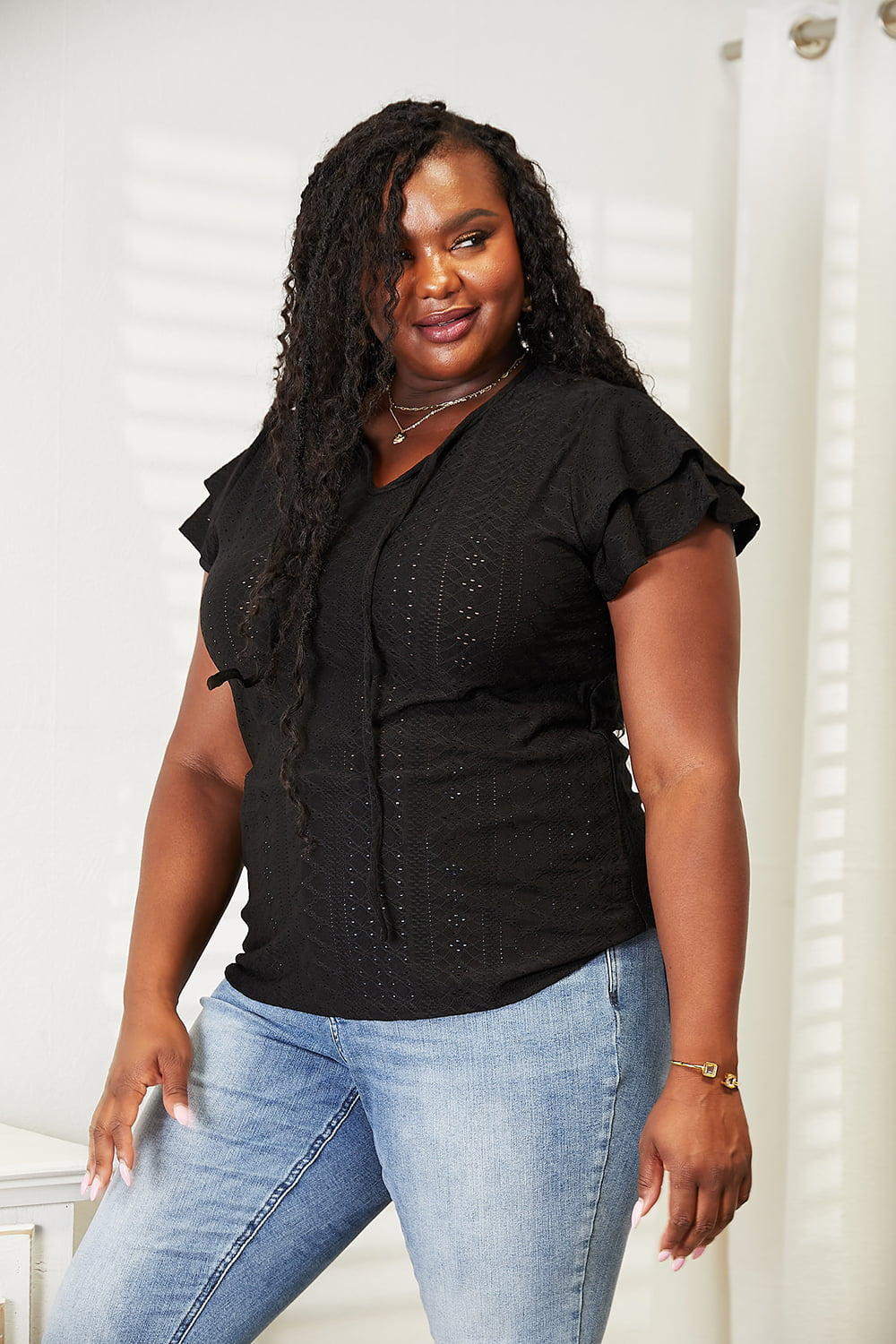 Double Take Eyelet Tie-Neck Flutter Sleeve Blouse Double Take Eyelet Tie-Neck Flutter Sleeve Blouse - TopFashionHQ