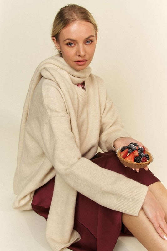 Davi & Dani V-Neck Dropped Shoulder Sweater with Scarf Davi & Dani V-Neck Dropped Shoulder Sweater with Scarf