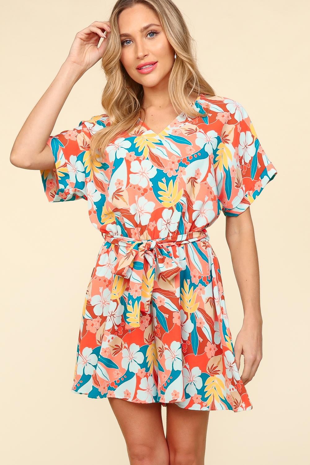 Haptics Tropical Floral Short Sleeve Tied Romper Haptics Tropical Floral Short Sleeve Tied Romper - TopFashionHQ