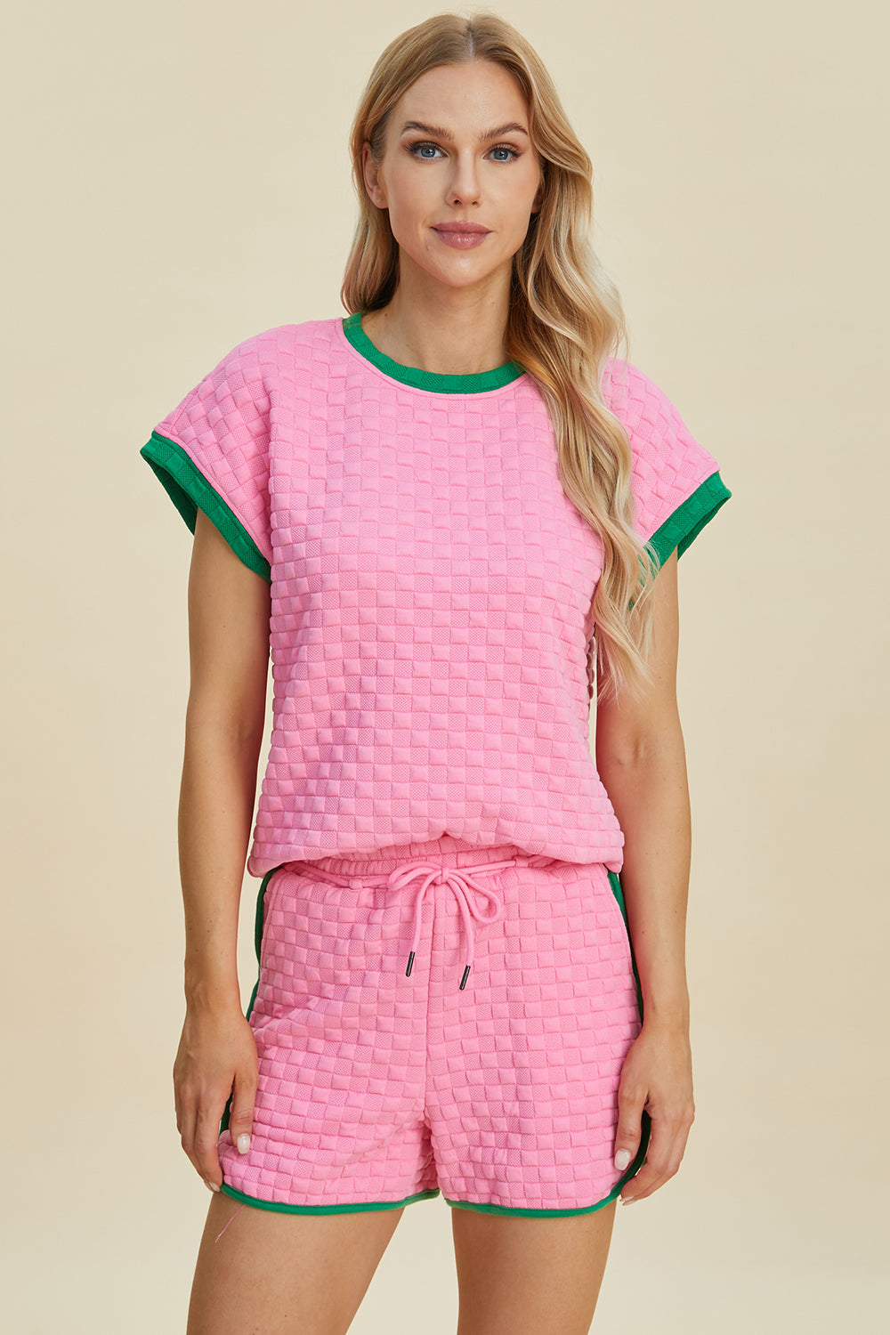 Double Take Full Size Texture Contrast T-Shirt and Shorts Set Double Take Full Size Texture Contrast T-Shirt and Shorts Set