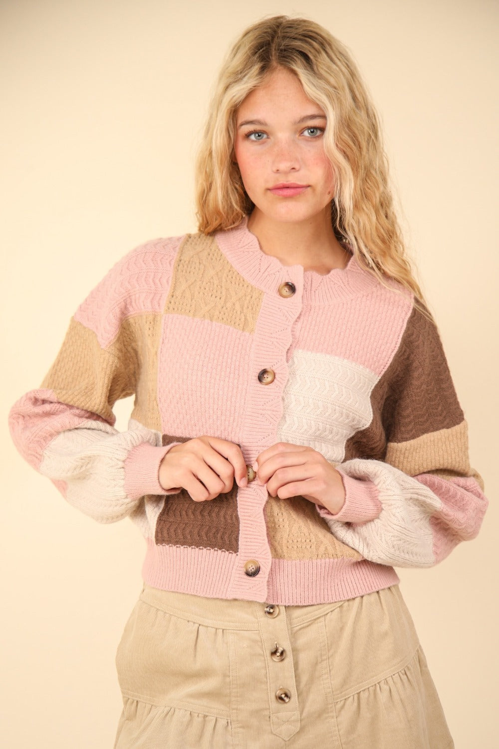 VERY J Color Block Button Down Textured Sweater Cardigan VERY J Color Block Button Down Textured Sweater Cardigan