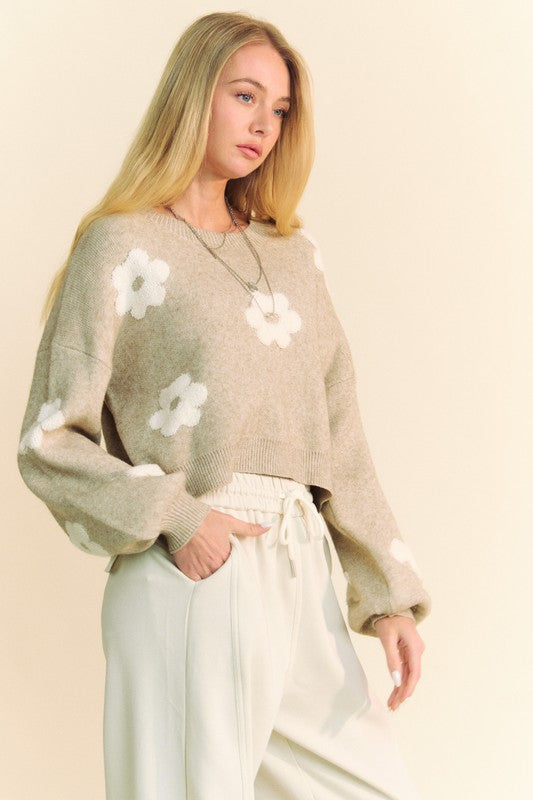 Davi & Dani Floral Drop Shoulder Cropped Sweater Davi & Dani Floral Drop Shoulder Cropped Sweater