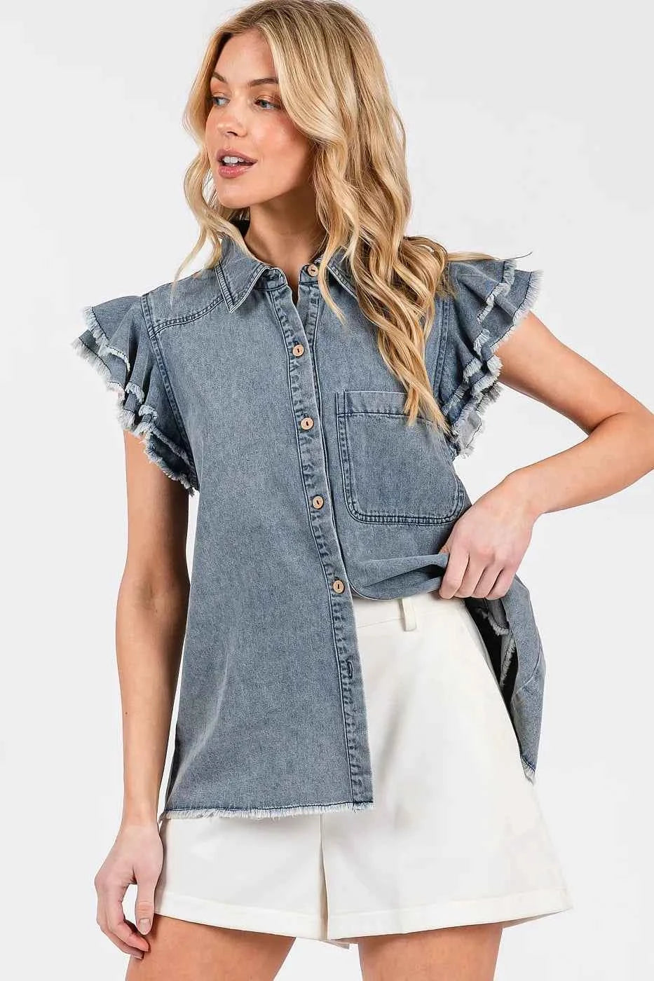 Mittoshop Washed Denim Ruffle Short Sleeve Collared Shirt Mittoshop Washed Denim Ruffle Short Sleeve Collared Shirt