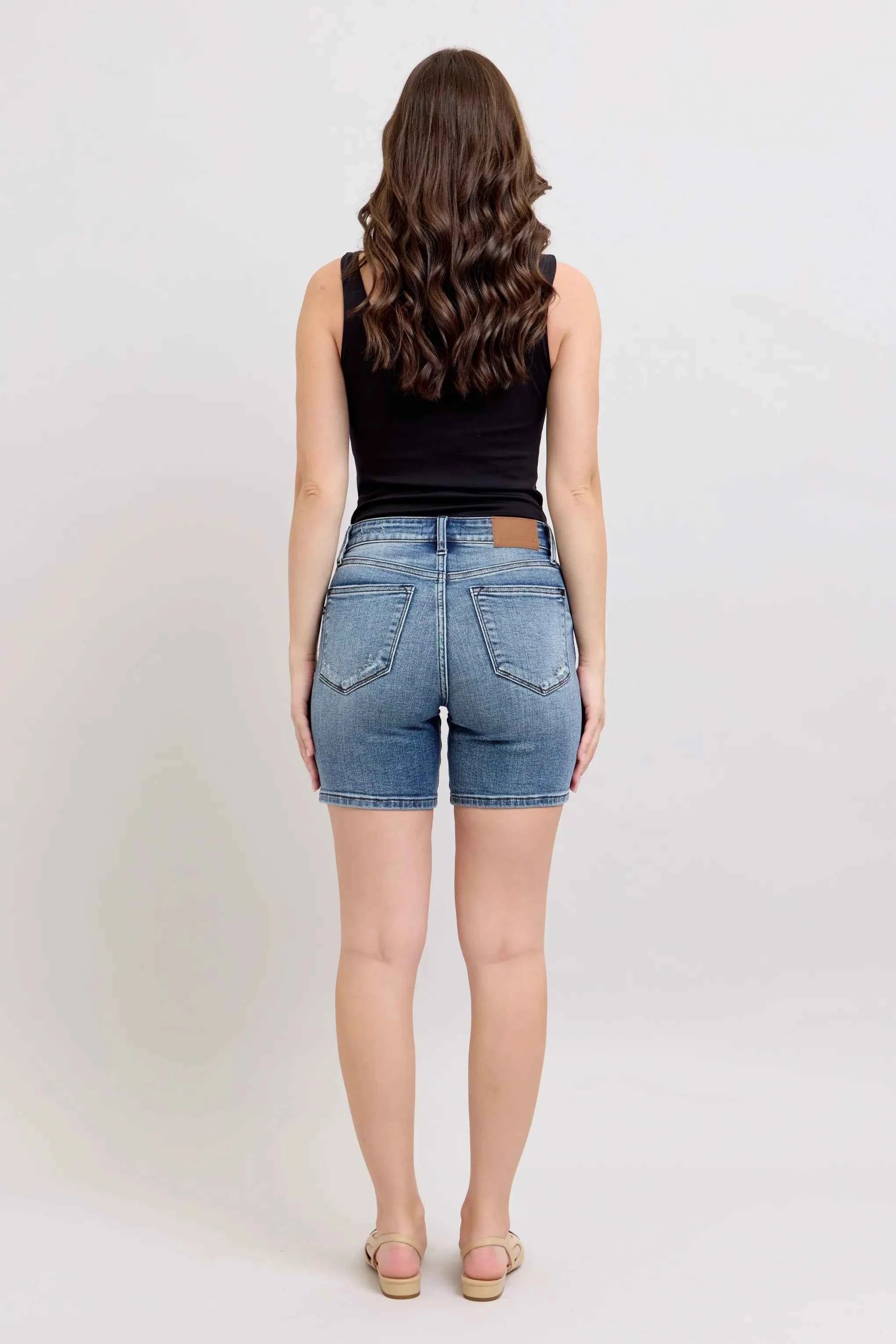 Judy Blue Button Fly Mid Length Denim Shorts W/ Destroy Judy Blue Button Fly Mid Length Denim Shorts W/ Destroy
