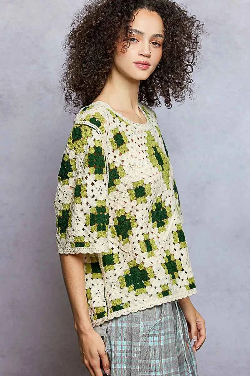 POL Round Neck Short Sleeve Color Pattern Crochet Top with Border Accents POL Round Neck Short Sleeve Color Pattern Crochet Top with Border Accents