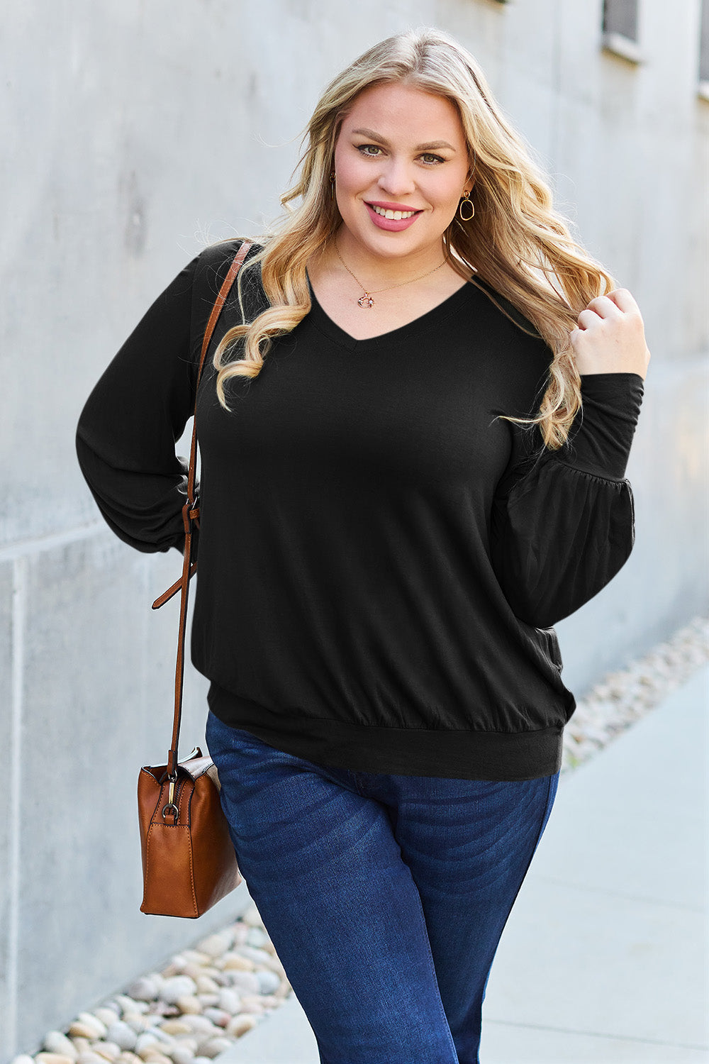 Basic Bae Full Size V-Neck Lantern Sleeve Blouse Basic Bae Full Size V-Neck Lantern Sleeve Blouse - TopFashionHQ