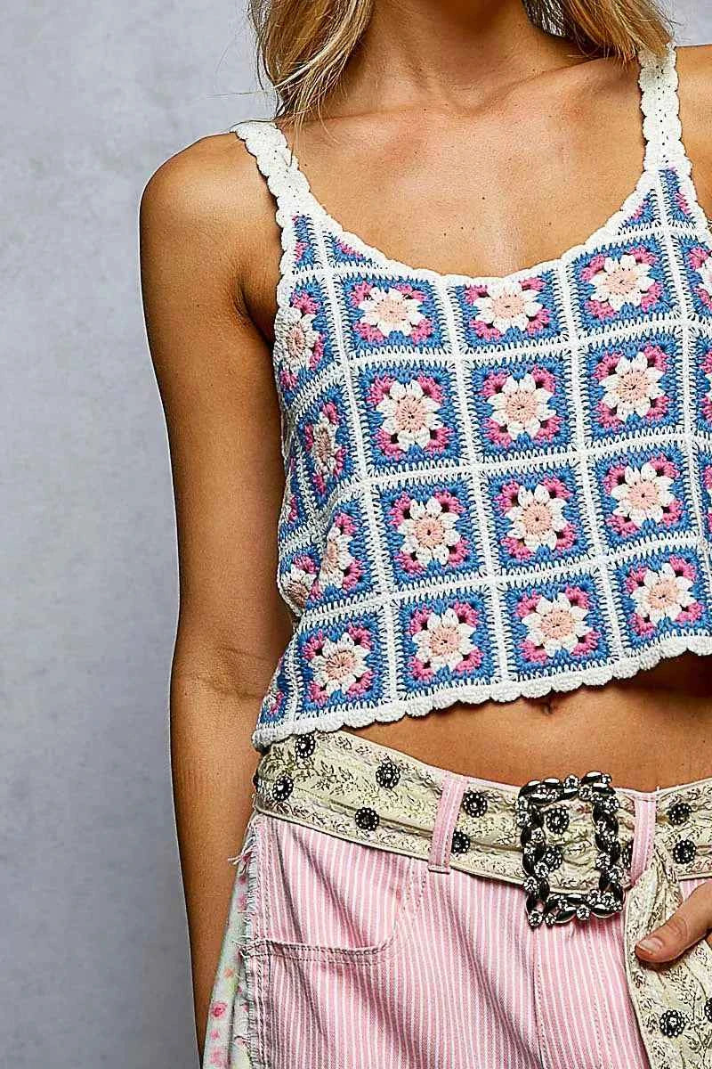 POL Scalloped Edge Cropped Crochet Cami with Granny Square Pattern POL Scalloped Edge Cropped Crochet Cami with Granny Square Pattern
