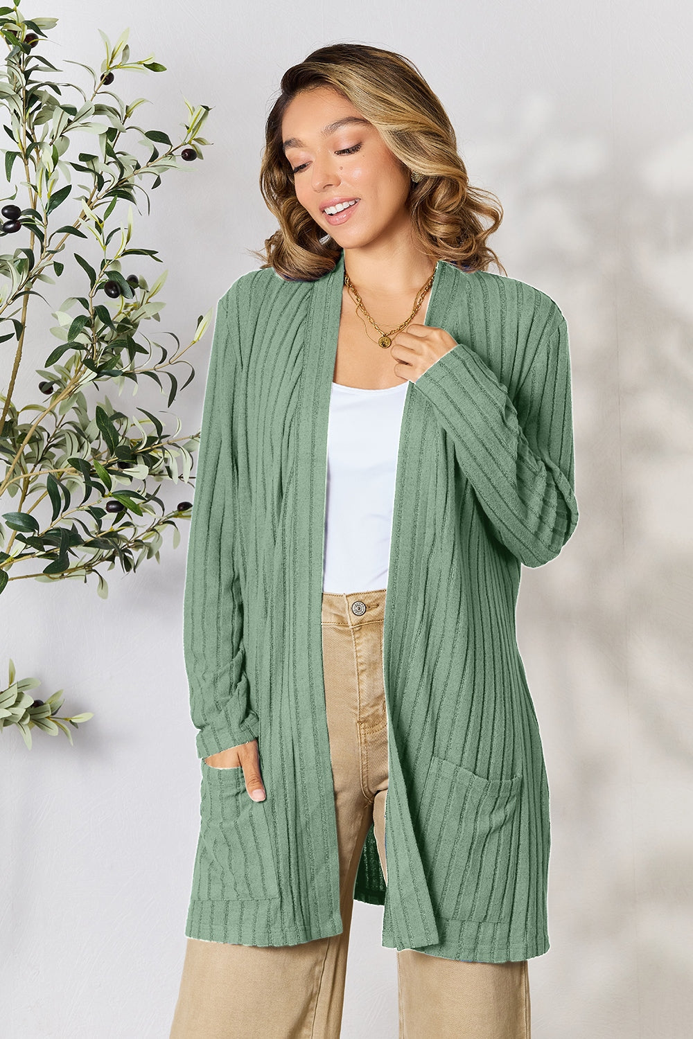 Basic Bae Full Size Ribbed Open Front Cardigan with Pockets Basic Bae Full Size Ribbed Open Front Cardigan with Pockets - TopFashionHQ