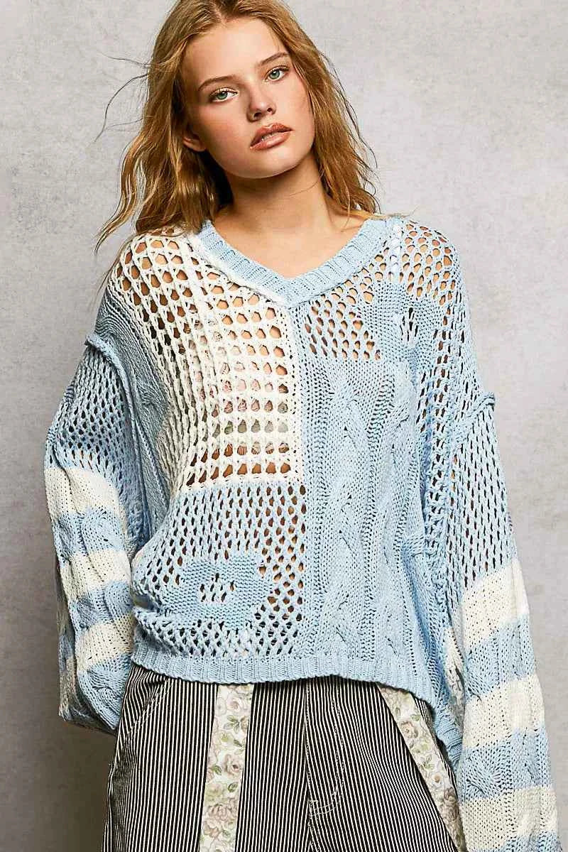 POL Color-Blocked Stripe Pattern Knit Top with Twisted Weave POL Color-Blocked Stripe Pattern Knit Top with Twisted Weave