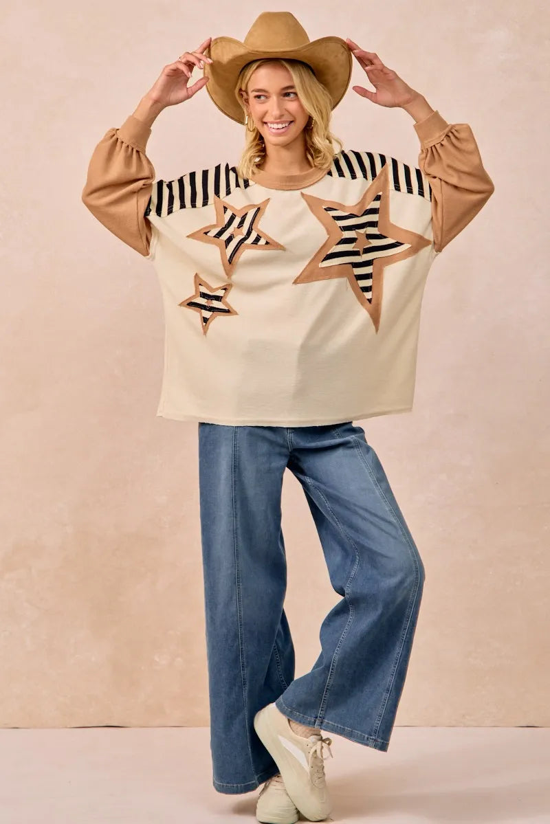 BiBi Star Patchwork Mixed Long Sleeve Top f74aa98f42414b638bf2735ee4bcc841-Max-Origin