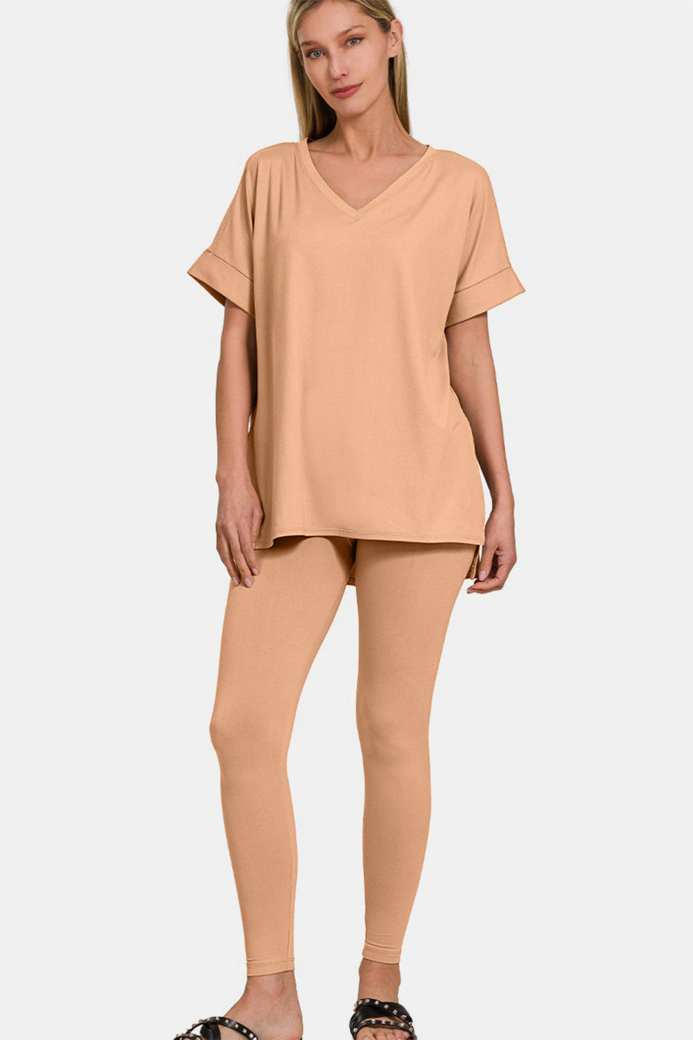 Zenana Full Size V-Neck Rolled Short Sleeve T-Shirt and Leggings Lounge Set Zenana Full Size V-Neck Rolled Short Sleeve T-Shirt and Leggings Lounge Set