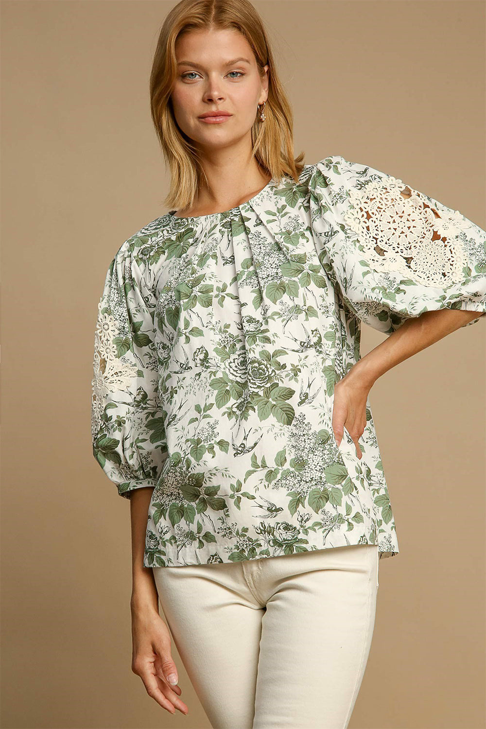 Umgee Floral Pleated Detail Lace Trim Sleeve Blouse Umgee Floral Pleated Detail Lace Trim Sleeve Blouse