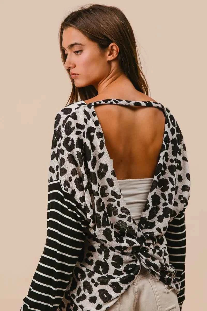 BiBi Leopard Hacci Knit Twist Back Top With Stripe Sleeve BiBi Leopard Hacci Knit Twist Back Top With Stripe Sleeve