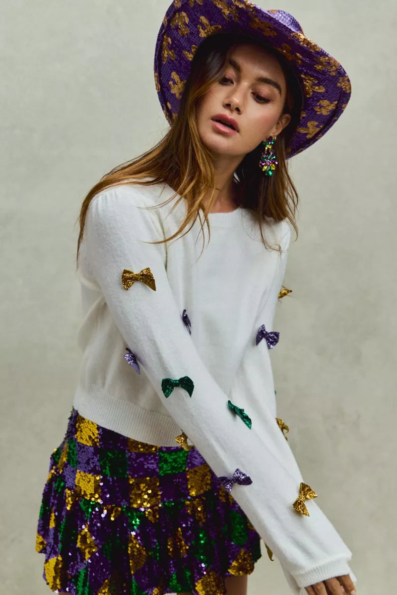 SO ME Mardi Gras Glitter Bow Ribbon Sweater Knit Top f794cbd284e74715a576becdb85a10e2-Max-Origin
