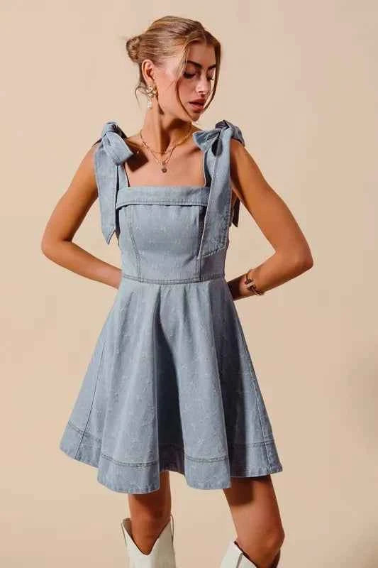 SO ME A Line Fit and Flare Diamond Bow Ribbon Denim Dres SO ME A Line Fit and Flare Diamond Bow Ribbon Denim Dres