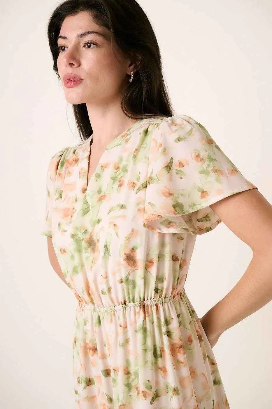 Mittoshop Flower Print Flutter Sleeve V Slit Maxi Dress Mittoshop Flower Print Flutter Sleeve V Slit Maxi Dress